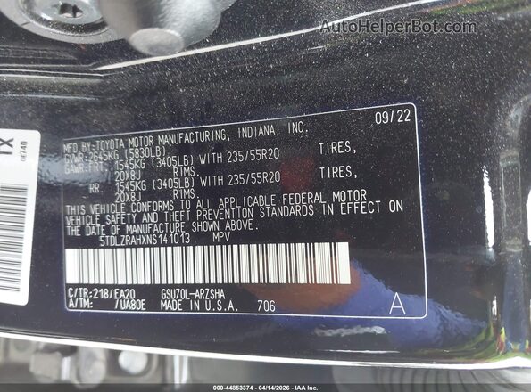 5TDLZRAHXNS141013 2022 TOYOTA HIGHLANDER Black Vista del compartimento del motor
