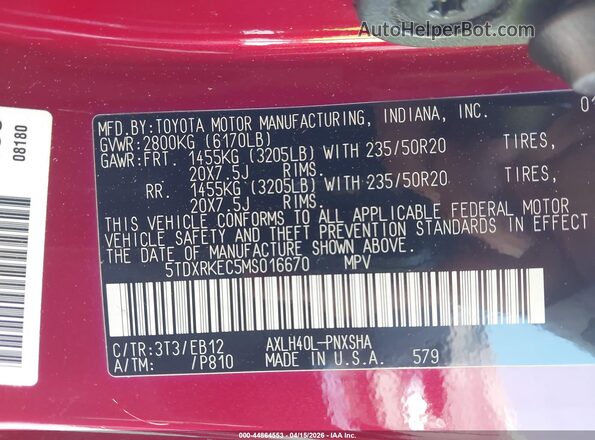5TDXRKEC5MS016670 2021 TOYOTA SIENNA Red ძრავის განყოფილების ხედი