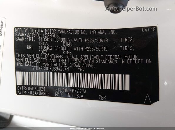 5TDXZ3DCXJS942341 2018 TOYOTA SIENNA White Շարժիչի բաժամունքի տեսք