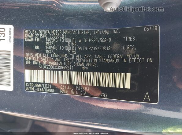 5TDXZ3DCXJS945241 2018 TOYOTA SIENNA Gray Շարժիչի բաժամունքի տեսք