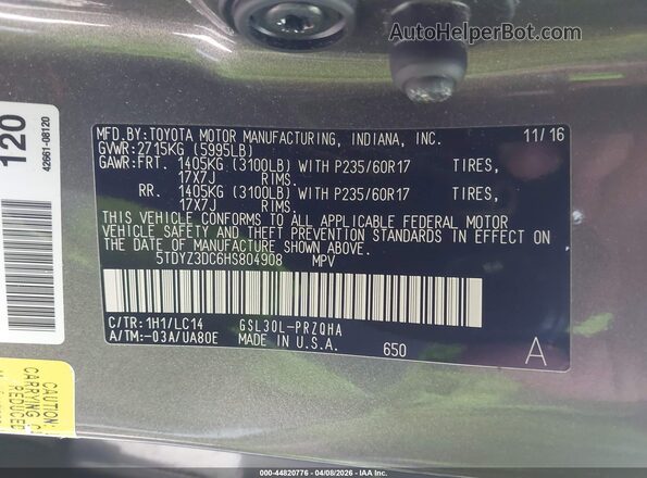 5TDYZ3DC6HS804908 2017 TOYOTA LE Gray Vista del compartimento del motor