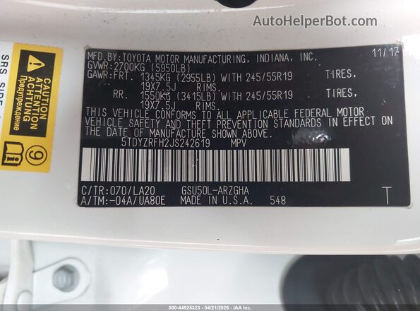 5TDYZRFH2JS242619 2018 TOYOTA LIMITED Белый Вид задних сидений