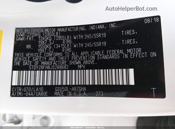5TDYZRFH8JS288682 2018 TOYOTA LIMITED Белый Вид подкапотного пространства