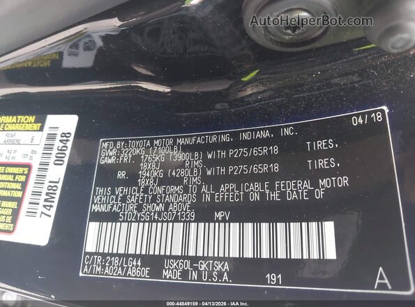 5TDZY5G14JS071339 2018 TOYOTA SEQUOIA Черный Вид подкапотного пространства