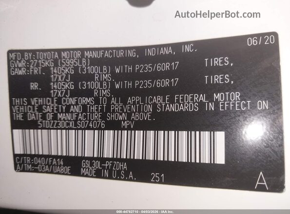 5TDZZ3DCXLS074076 2020 TOYOTA SIENNA Белый Вид подкапотного пространства
