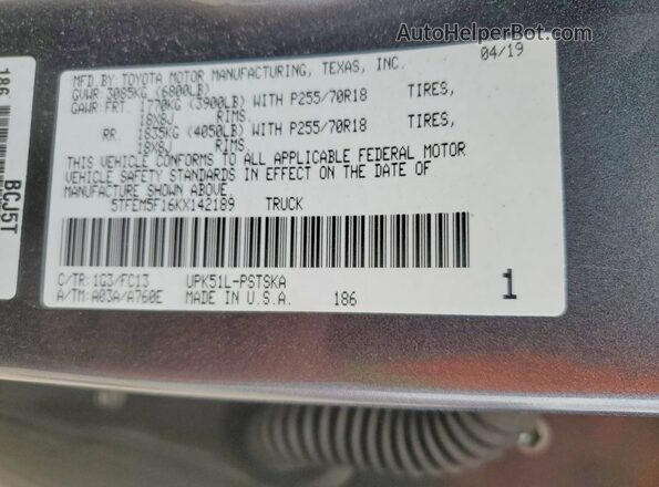 5TFEM5F16KX142189 2019 TOYOTA TUNDRA Серый Вид наклейки с VIN-кодом