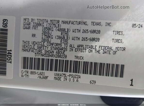 5TFNA5DB4RX200220 2024 TOYOTA TUNDRA Белый Вид подкапотного пространства