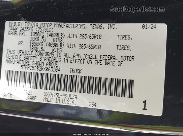 5TFPC5DB2RX063104 2024 TOYOTA TUNDRA HYBRID Black ძრავის განყოფილების ხედი