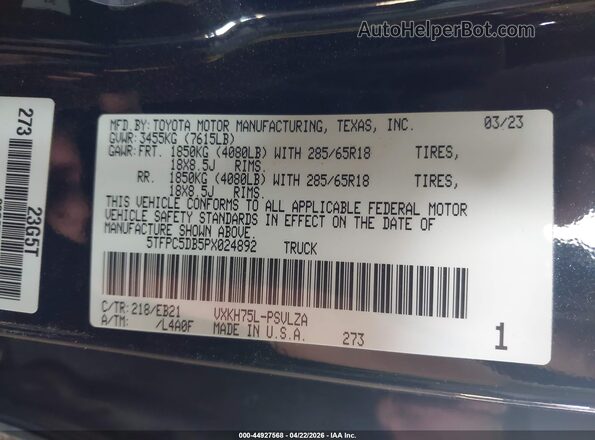 5TFPC5DB5PX024892 2023 TOYOTA TUNDRA HYBRID Black ძრავის განყოფილების ხედი