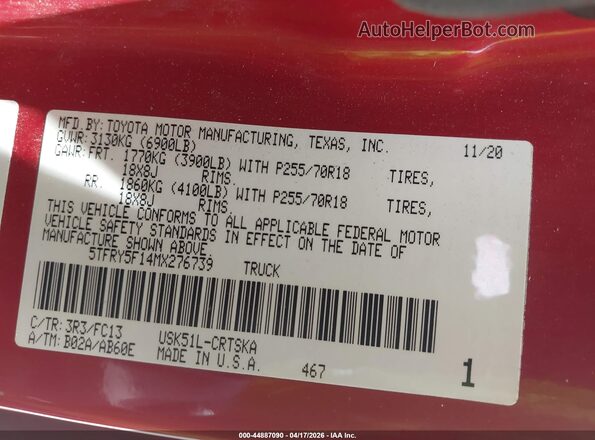 5TFRY5F14MX276739 2021 TOYOTA TUNDRA Красный 