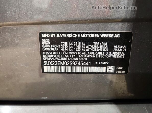 5UX23EM02S9Z45441 2025 BMW X7 Gray VIN sticker view