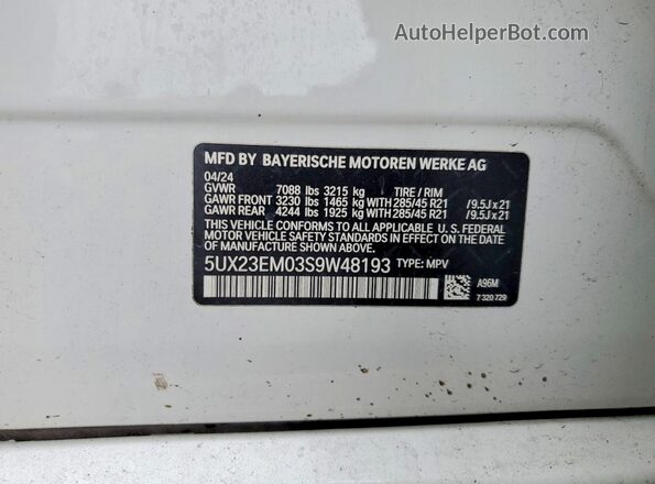 5UX23EM03S9W48193 2025 BMW X7 White Vista de la etiqueta del VIN