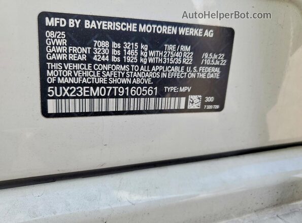 5UX23EM07T9160561 2026 BMW X7 White Вид наклейки з VIN-кодом