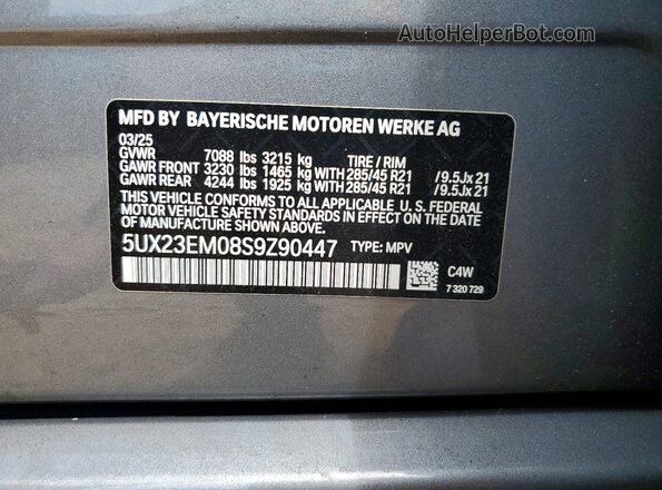5UX23EM08S9Z90447 2025 BMW X7 Серый Вид наклейки с VIN-кодом