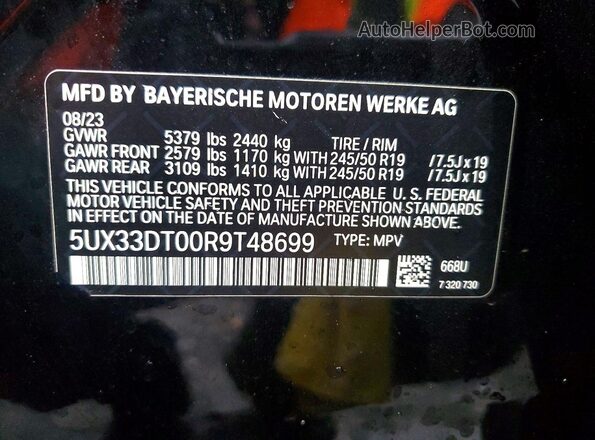 5UX33DT00R9T48699 2024 BMW X4 Black VIN კოდის სტიკერის ხედი