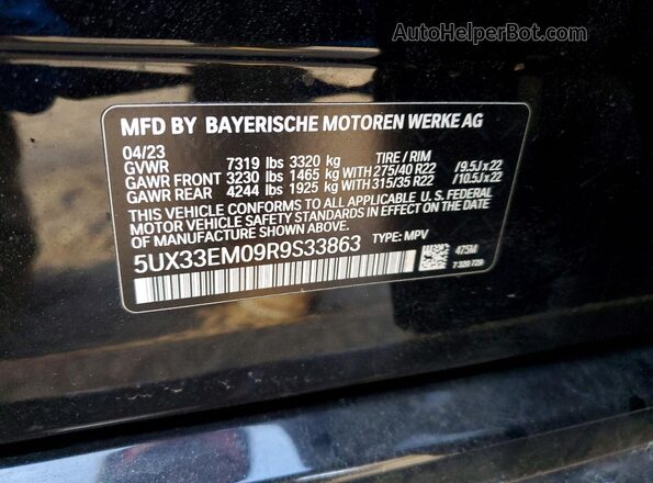5UX33EM09R9S33863 2024 BMW X7 Black VIN sticker view