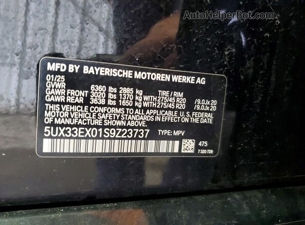 5UX33EX01S9Z23737 2025 BMW X6 Black Vista de la etiqueta del VIN