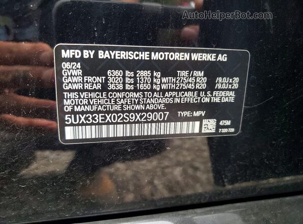 5UX33EX02S9X29007 2025 BMW X6 Black VIN კოდის სტიკერის ხედი