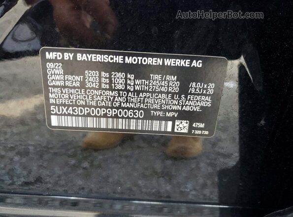 5UX43DP00P9P00630 2023 BMW X3 Black VIN კოდის სტიკერის ხედი
