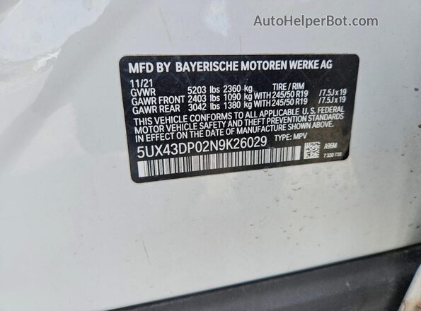 5UX43DP02N9K26029 2022 BMW X3 White Вид наклейки з VIN-кодом