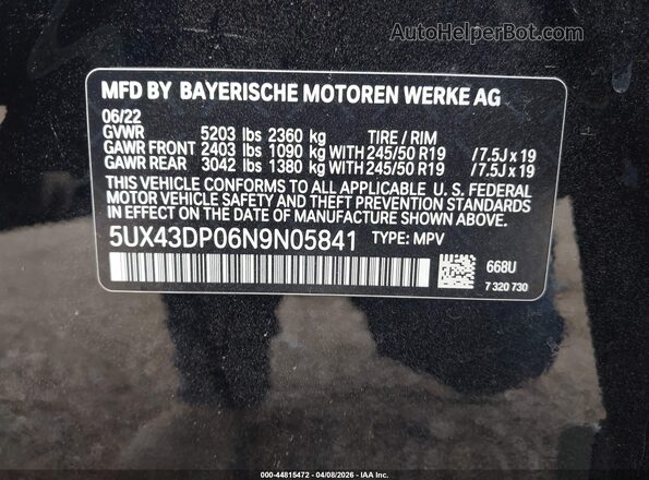5UX43DP06N9N05841 2022 BMW X3 Черный Вид подкапотного пространства