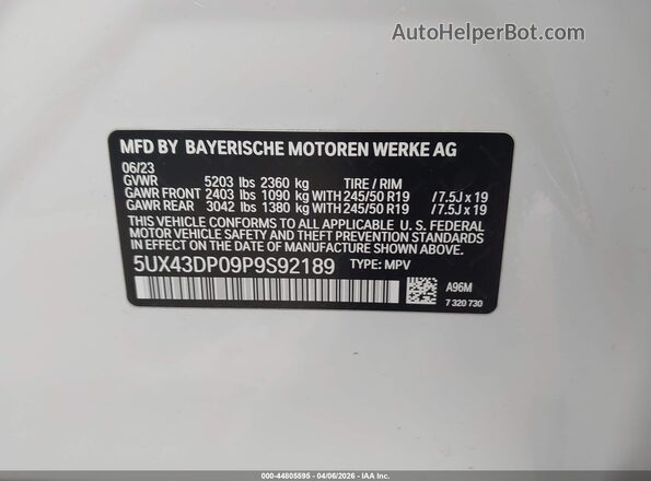 5UX43DP09P9S92189 2023 BMW X3 White Շարժիչի բաժամունքի տեսք