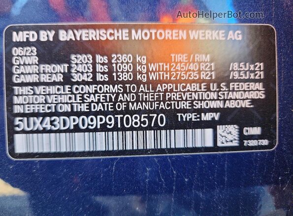 5UX43DP09P9T08570 2023 BMW X3 Синий 