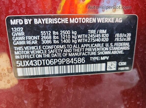 5UX43DT06P9P84586 2023 BMW X4 Burgundy Вид наклейки з VIN-кодом