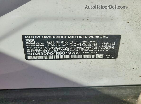 5UX53DP04R9U19762 2024 BMW X3 Белый Вид наклейки с VIN-кодом