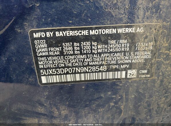 5UX53DP07N9N28548 2022 BMW X3 Blue Widok komory silnika