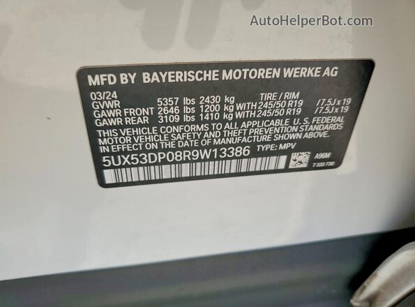 5UX53DP08R9W13386 2024 BMW X3 White VIN კოდის სტიკერის ხედი