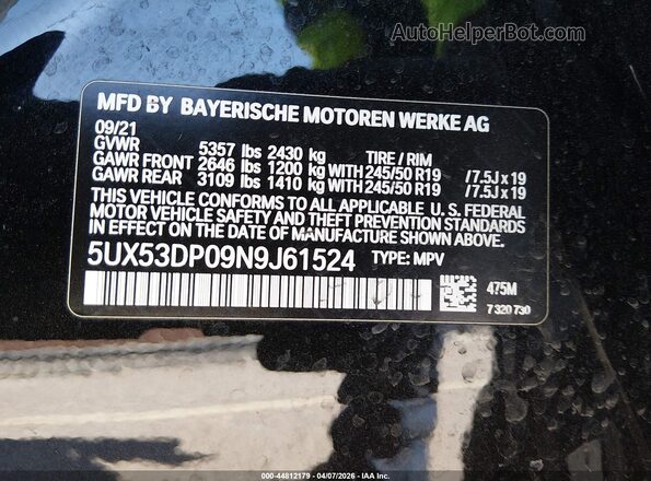 5UX53DP09N9J61524 2022 BMW X3 Black Widok komory silnika