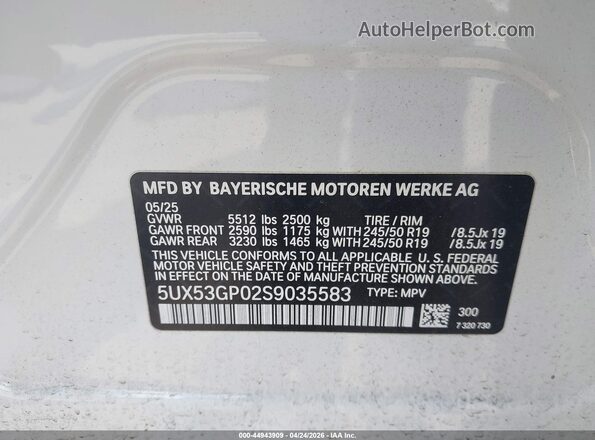 5UX53GP02S9035583 2025 BMW X3 White Vista del compartimento del motor