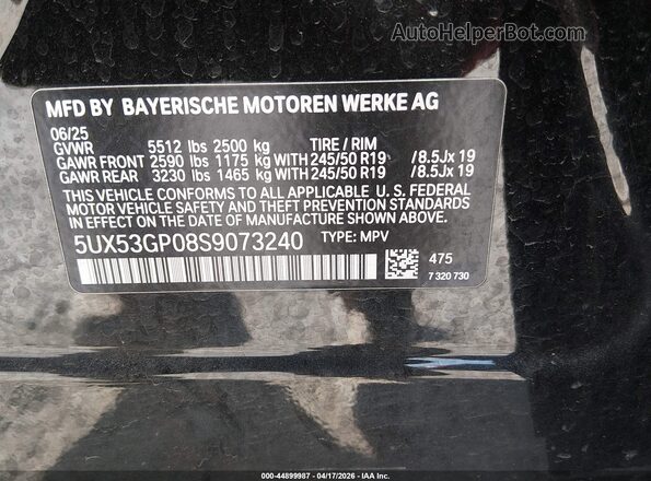 5UX53GP08S9073240 2025 BMW X3 Black Вид підкапотного простору