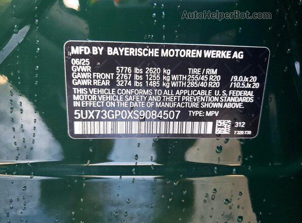 5UX73GP0XS9084507 2025 BMW X3 Green VIN კოდის სტიკერის ხედი