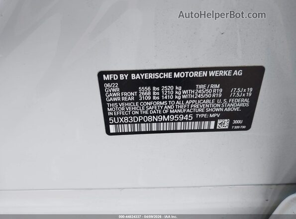 5UX83DP08N9M95945 2022 BMW X3 White 