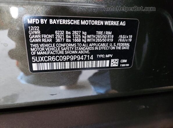 5UXCR6C09P9P94714 2023 BMW X5 Gray Vista interior de 360 grados
