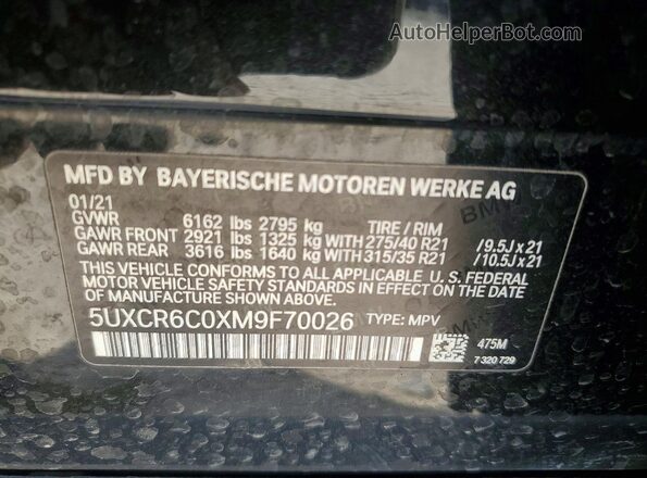 5UXCR6C0XM9F70026 2021 BMW X5 Black VIN կոդի պիտակի տեսք