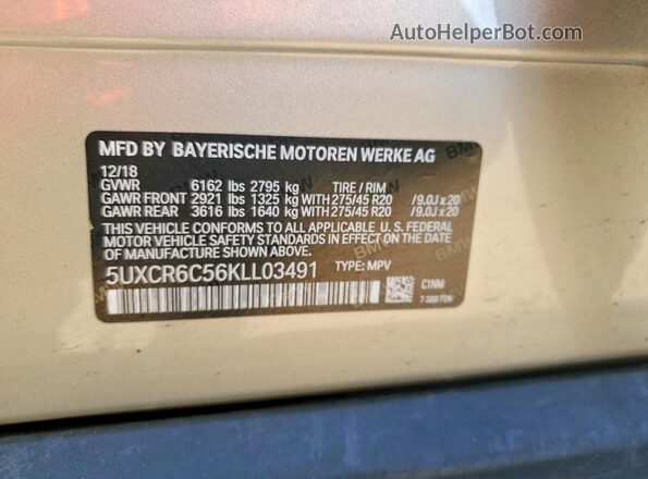 5UXCR6C56KLL03491 2019 BMW X5 Золотой 