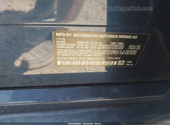 5UXCW2C04L9B43425 2020 BMW X7 Blue Vista del compartimento del motor