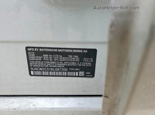 5UXCW2C51KL087356 2019 BMW X7 White VIN կոդի պիտակի տեսք