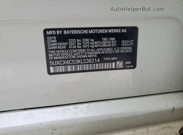 5UXCX4C53KLS36214 2019 BMW X7 White Вид наклейки з VIN-кодом