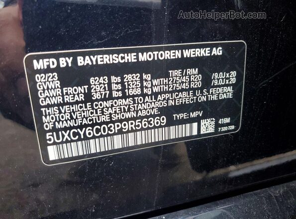 5UXCY6C03P9R56369 2023 BMW X6 Black Вид наклейки з VIN-кодом