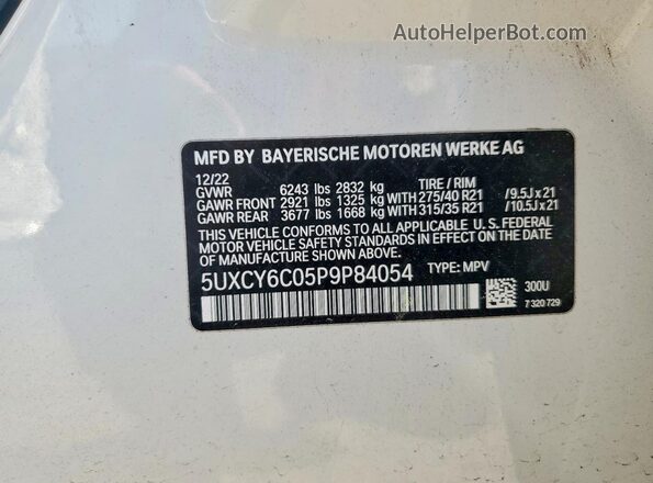 5UXCY6C05P9P84054 2023 BMW X6 Белый Вид наклейки с VIN-кодом