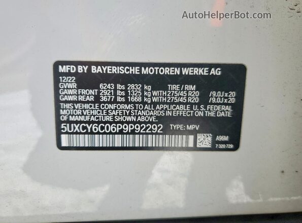 5UXCY6C06P9P92292 2023 BMW X6 White Vista del compartimento del motor