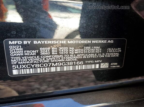 5UXCY8C07M9G38166 2021 BMW X6 Black VIN კოდის სტიკერის ხედი