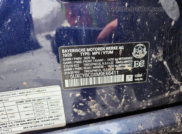 5UXCY8C0XM9E66411 2021 BMW X6 Blue Widok naklejki z numerem VIN