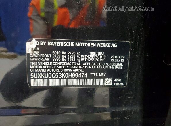 5UXKU0C53K0H99474 2019 BMW X6 Black VIN კოდის სტიკერის ხედი