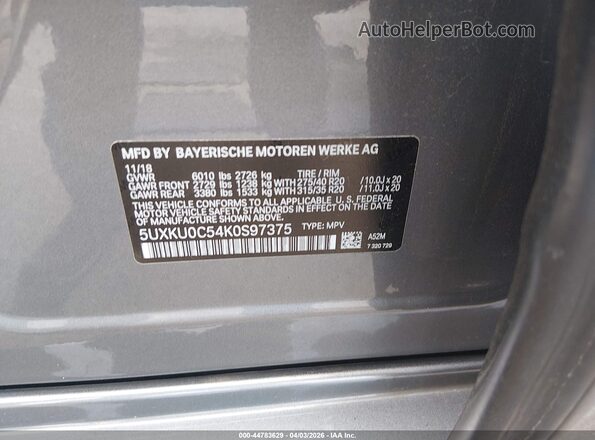 5UXKU0C54K0S97375 2019 BMW X6 Gray Вид підкапотного простору
