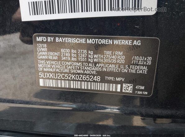 5UXKU2C52K0Z65248 2019 BMW X6 Black Widok komory silnika